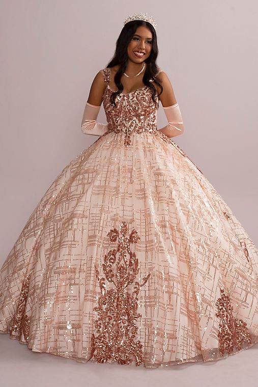 Fifteen Roses Patterned Sequin Quince Ball Gown with Bolero
